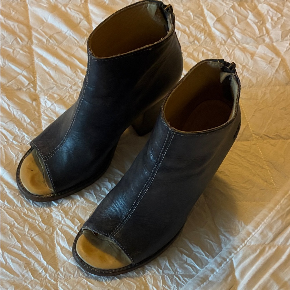 Bed Stu Black and Brown Peep-Toe Heeled Boots